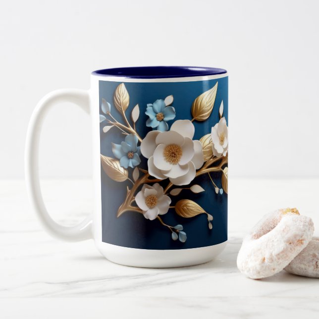 "Blue Floral Delight Coffee Mug" Two-Tone Coffee Mug (With Donut)