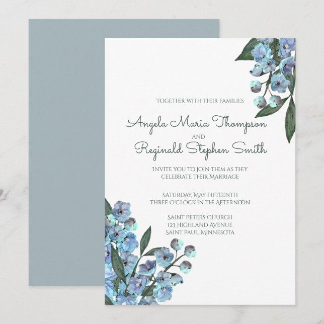 Blue Floral Delphinium Bouquet Invitation (Front/Back)