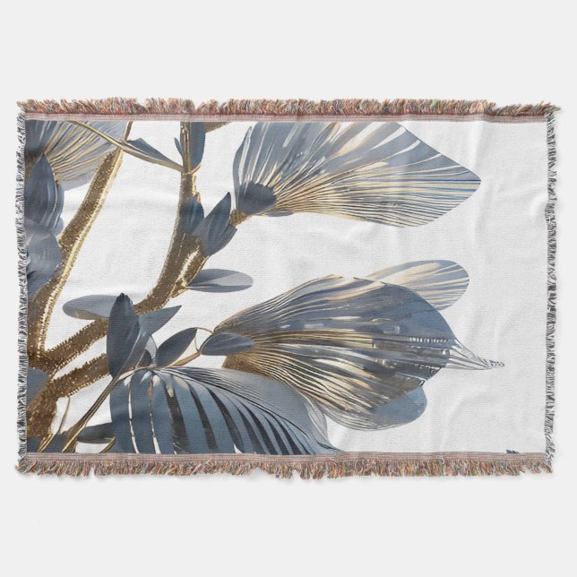 Blue Floral Design Plant Throw Blanket (Front)