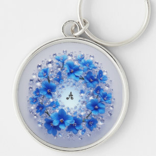 💎 Blue Floral Diamond Custom Name Charm 🔑 Key Ring