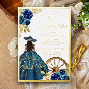Blue Floral Dress Charro Western Quinceanera Gold