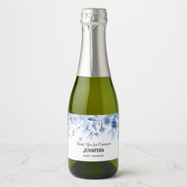 Blue Floral Drop, Boy Baby Shower Thank You Favour Sparkling Wine Label (Front)