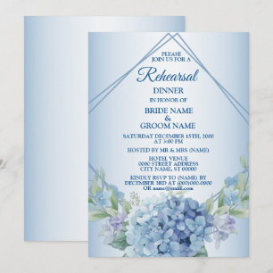 Blue Floral Dusty Vintage Wedding Rehearsal Dinner Invitation