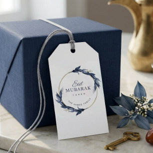 Blue Floral Eid Mubarak Gift Tag Elegant Islamic