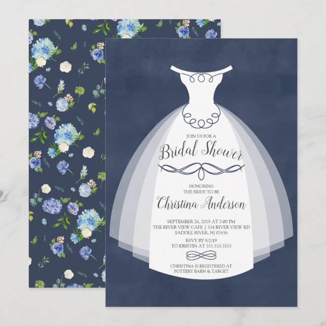 Blue Floral Elegance Bride Gown Bridal Shower Invitation (Front/Back)