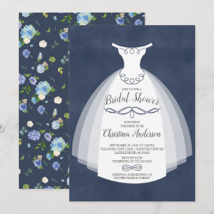 Blue Floral Elegance Bride Gown Bridal Shower Invitation