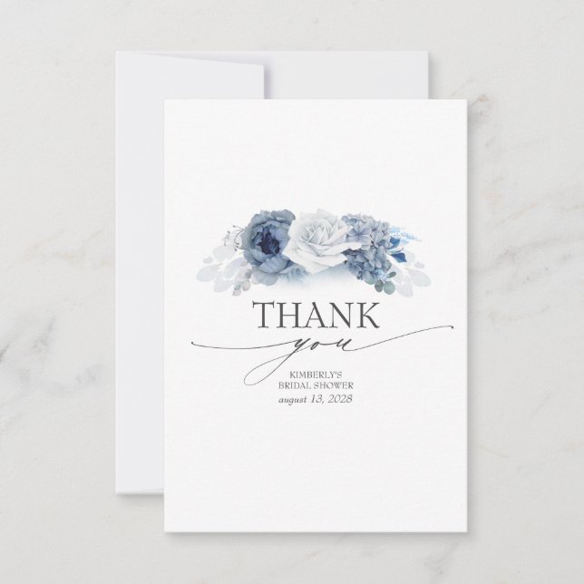 Blue Floral Elegant Bridal Shower Thank You Card (Front)