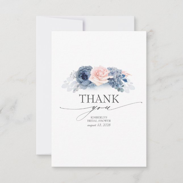 Blue Floral Elegant Bridal Shower Thank You Card (Front)