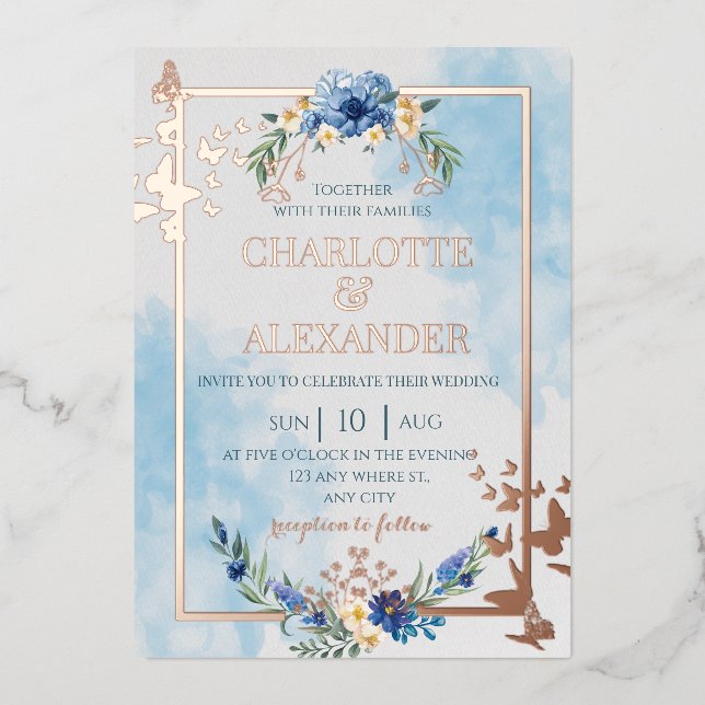 Blue floral elegant butterfly foil wedding (Front)