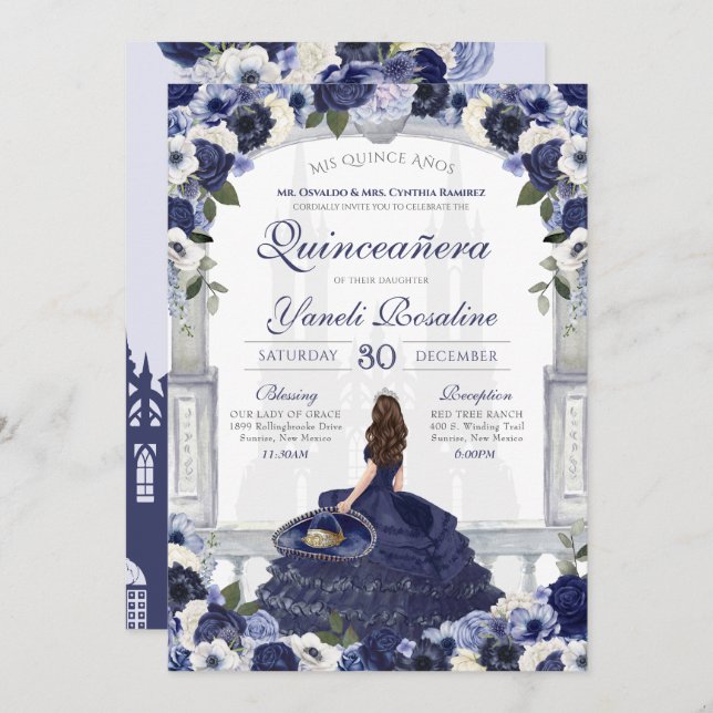 Blue Floral Elegant Charro Princess Quinceanera Invitation (Front/Back)