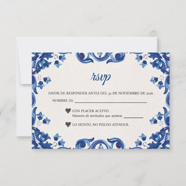 Blue Floral Elegant Fiesta Spanish Wedding RSVP Card (Front)