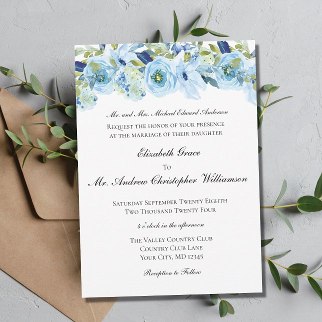 Blue Floral Elegant Formal Traditional Wedding  Invitation (Creator Uploaded)