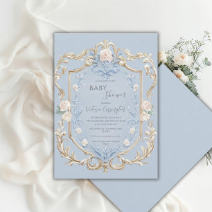 Blue Floral Elegant Gold Frame Baby Shower Invitation
