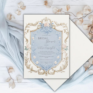 Blue Floral Elegant Gold Frame Bridal Shower Invitation