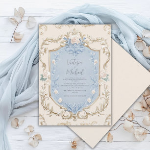 Blue Floral Elegant Gold Frame Wedding Invitation