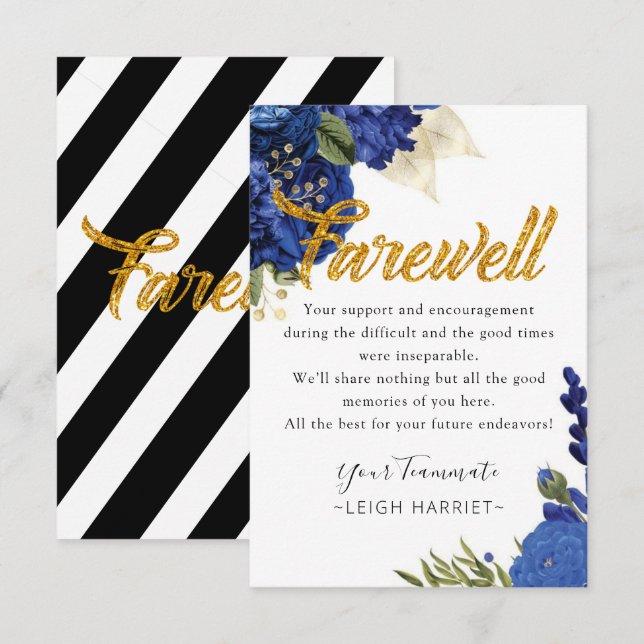 Blue Floral Elegant Leaving Coworker farewell card (Front/Back)