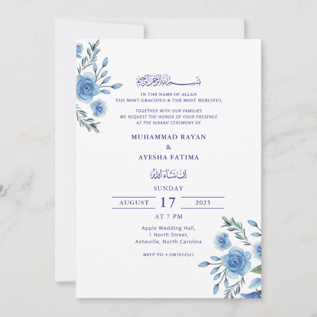 Blue Floral Elegant Nikkah Arabic Islamic Wedding Invitation (Front)