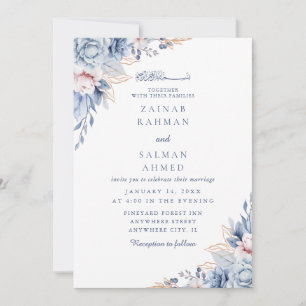Blue Floral Elegant Nikkah Arabic Islamic Wedding  Invitation