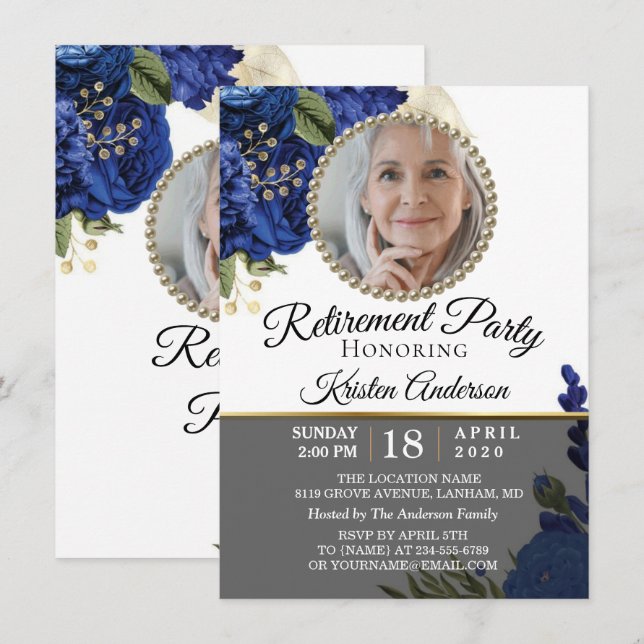 Blue Floral Elegant Photo Retirement Party Invitation (Front/Back)