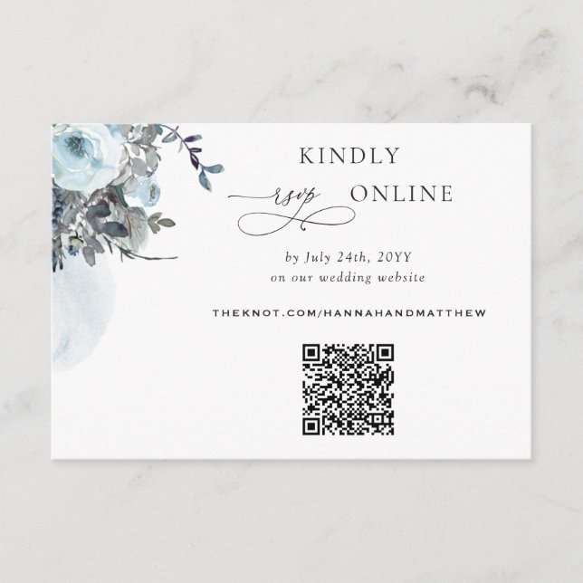 Blue Floral Elegant QR Code RSVP Wedding Enclosure Card (Front)