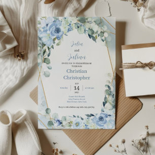 Blue Floral Elegant Watercolor Vintage Baptism Invitation