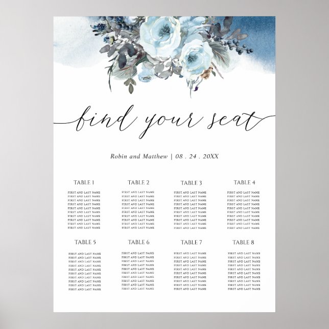 Blue Floral Elegant Wedding Seating Chart Sign (Front)