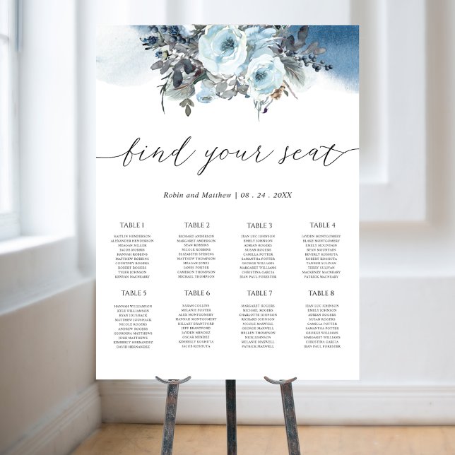 Blue Floral Elegant Wedding Seating Chart Sign (Creator Uploaded)