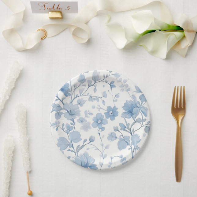 Blue Floral Elegant Whimsical Garden Party Paper Plate (Wedding)