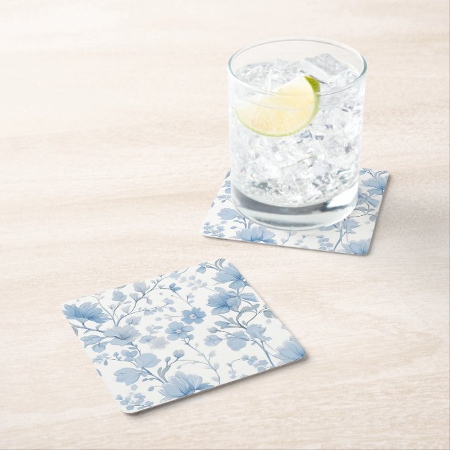 Blue Floral Elegant Whimsical Garden Party Square Paper Coaster (Insitu)