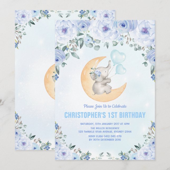 Blue Floral Elephant 1st Birthday Party Invitation (Front/Back)