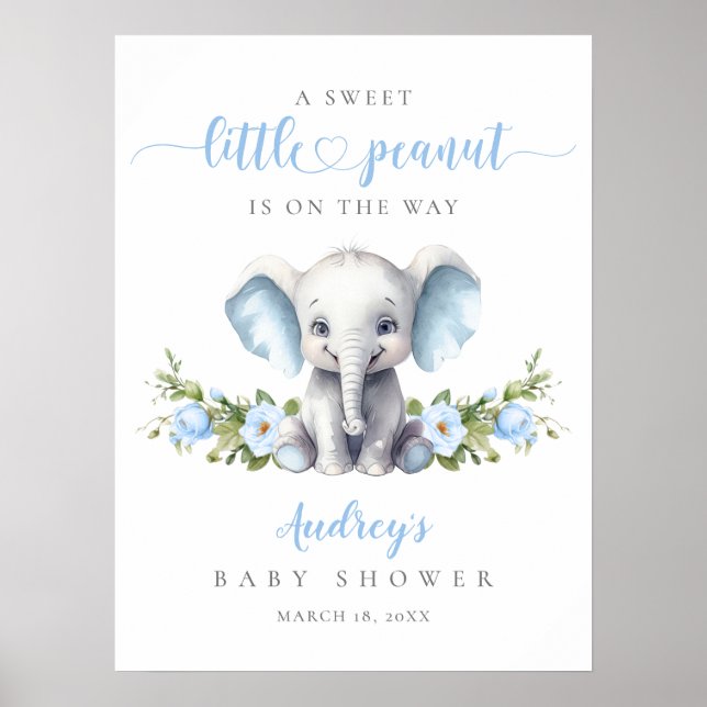 Blue Floral Elephant Baby Boy Shower Welcome Poster (Front)
