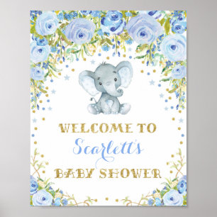 Blue Floral Elephant Baby Boy Shower Welcome Sign