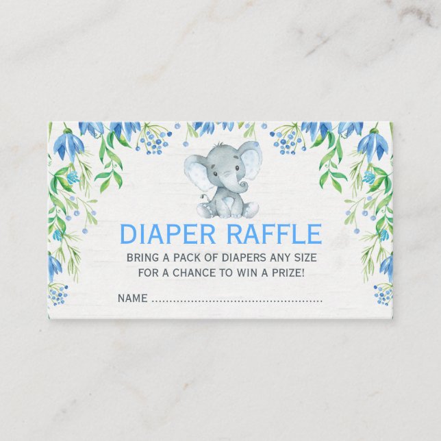 Blue Floral Elephant Baby Diaper Raffle Ticket Enclosure Card (Front)