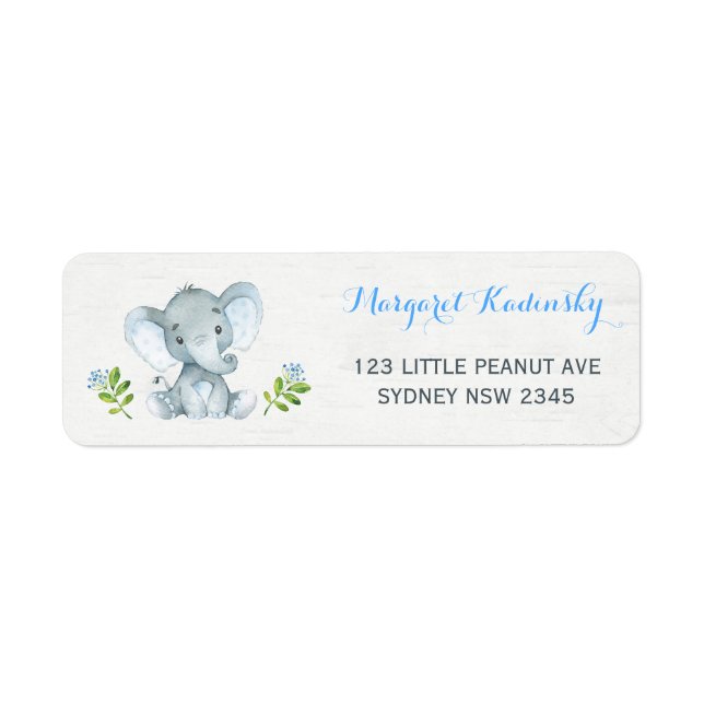 Blue Floral Elephant Baby Shower Address Label (Front)