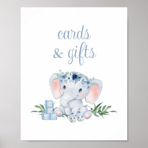 Blue Floral Elephant Baby Shower Cards and Gifts Poster