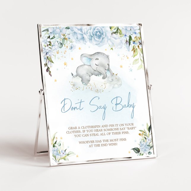 Blue Floral Elephant Baby Shower Don't Say Baby Poster (Blue Floral Sleeping Elephant Baby Shower Don't Say Baby Sign)