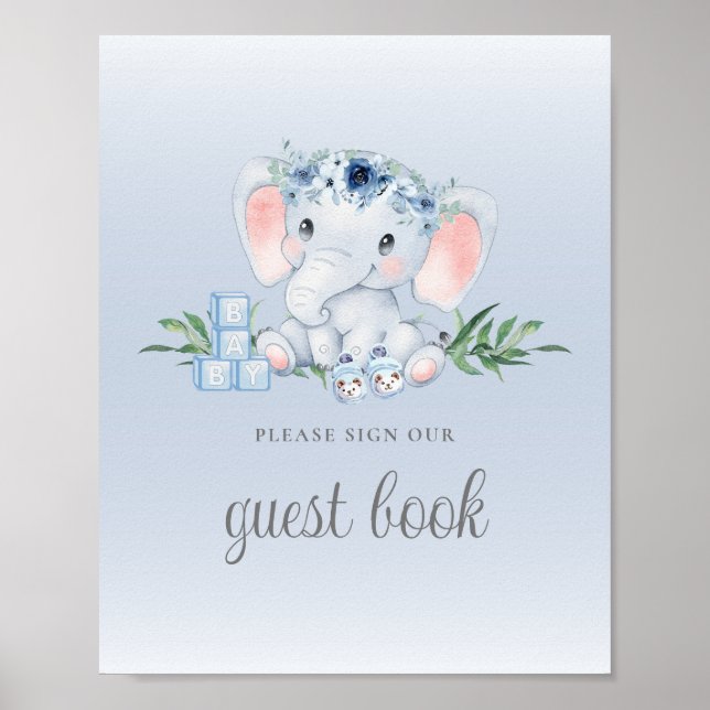 Blue Floral Elephant Baby Shower Guest Book Sign (Front)
