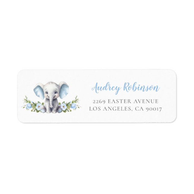 Blue Floral Elephant Baby Shower Return Address (Front)