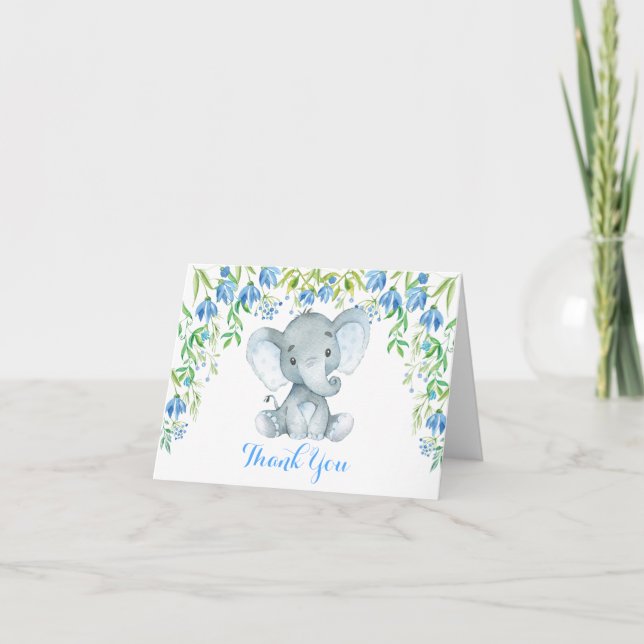 Blue Floral Elephant Baby Shower Thank You Note Card (Front)