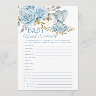 Blue Floral Elephant Baby Word Scramble Game Card