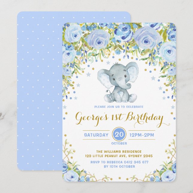 Blue Floral Elephant Boy 1st Birthday Party Invitation (Front/Back)