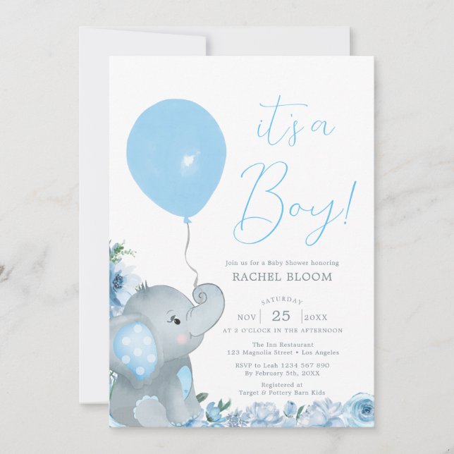 Blue Floral Elephant Boy Baby Shower Invitation (Front)