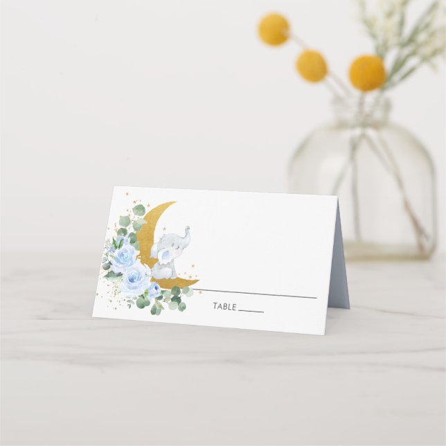 Blue Floral Elephant Crescent Moon Guest Name Place Card (Front)