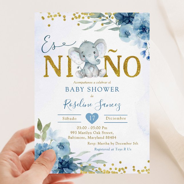 Blue Floral Elephant Es niño Boy Baby Shower Invitation (Creator Uploaded)