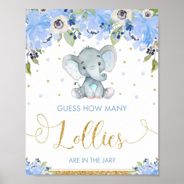 Blue Floral Elephant Guess How Many Lollies Game Poster (Front)