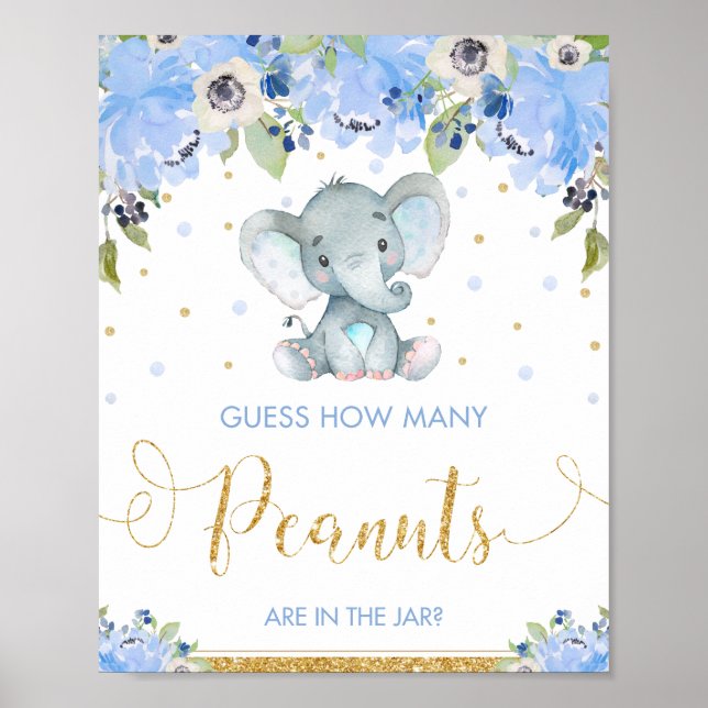 Blue Floral Elephant Guess How Many Peanuts Game Poster (Front)