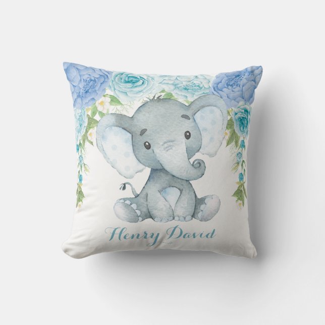 Blue Floral Elephant Jungle Baby Boy Nursery Cushion (Front)