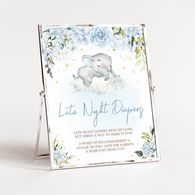 Blue Floral Elephant Late Night Diapers Poster (Blue Floral Sleeping Elephant Baby Shower LAte Night Diapers Sign)