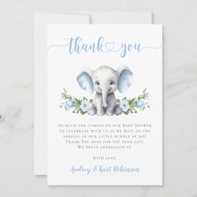 Blue Floral Elephant Little Peanut Baby Boy Shower Thank You Card (Front)
