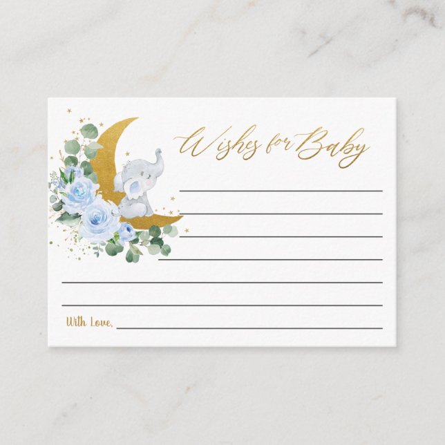 Blue Floral Elephant Moon Wishes for Baby Message  Enclosure Card (Front)